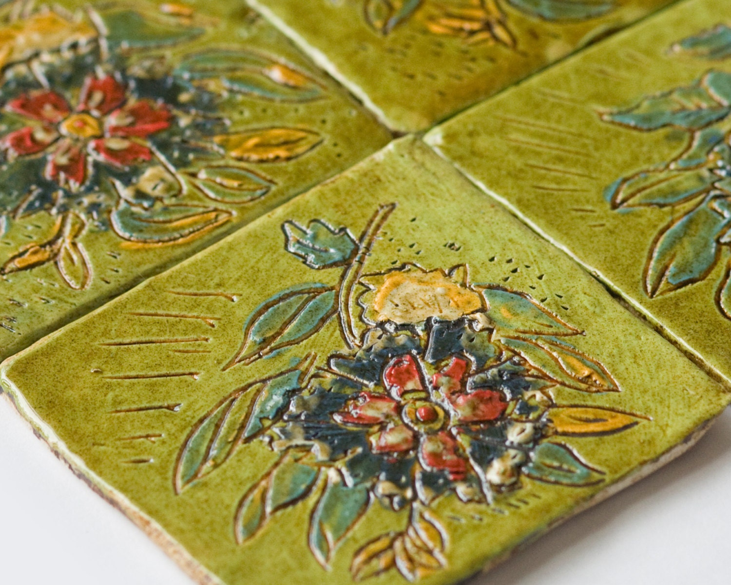 Four Matching Hand Decorated Ceramic Tiles, French Floral