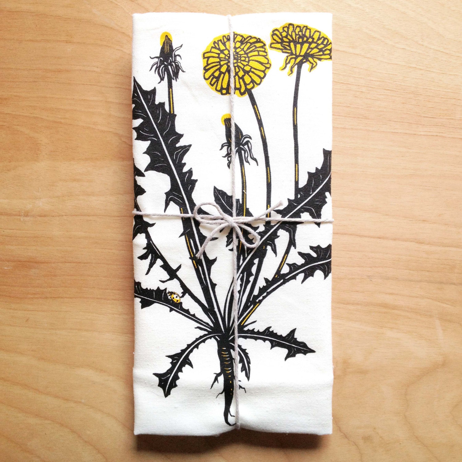 One Dandelion tea towel, flour sack towel, white or unbleached cotton, screenprint, yellow and dark grey ink, garden flower summer design