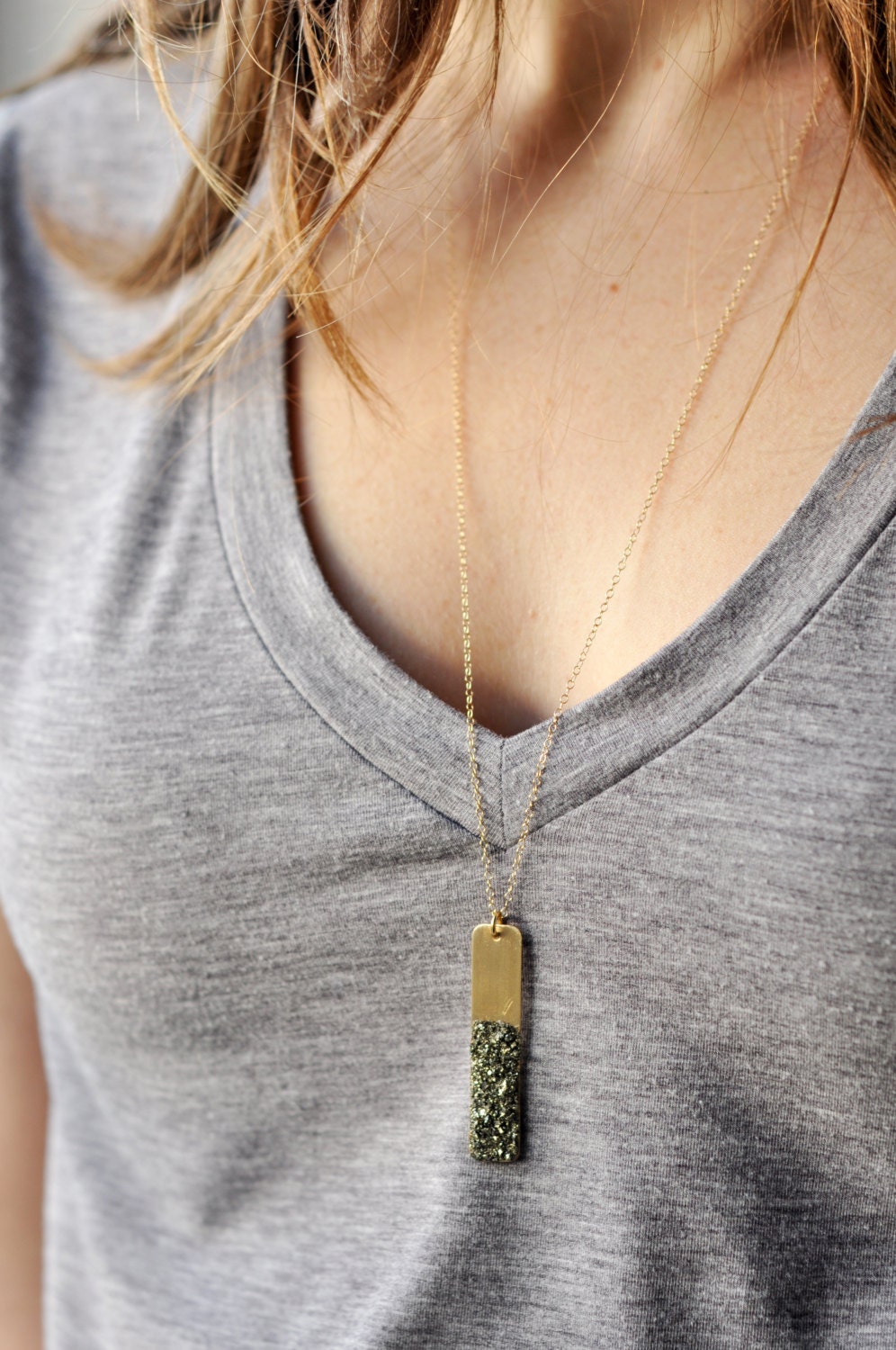 Long gold necklace - gold bar necklace - crushed pyrite necklace - pyrite jewelry - gold jewelry - black gemstone necklace - Sea and Cake
