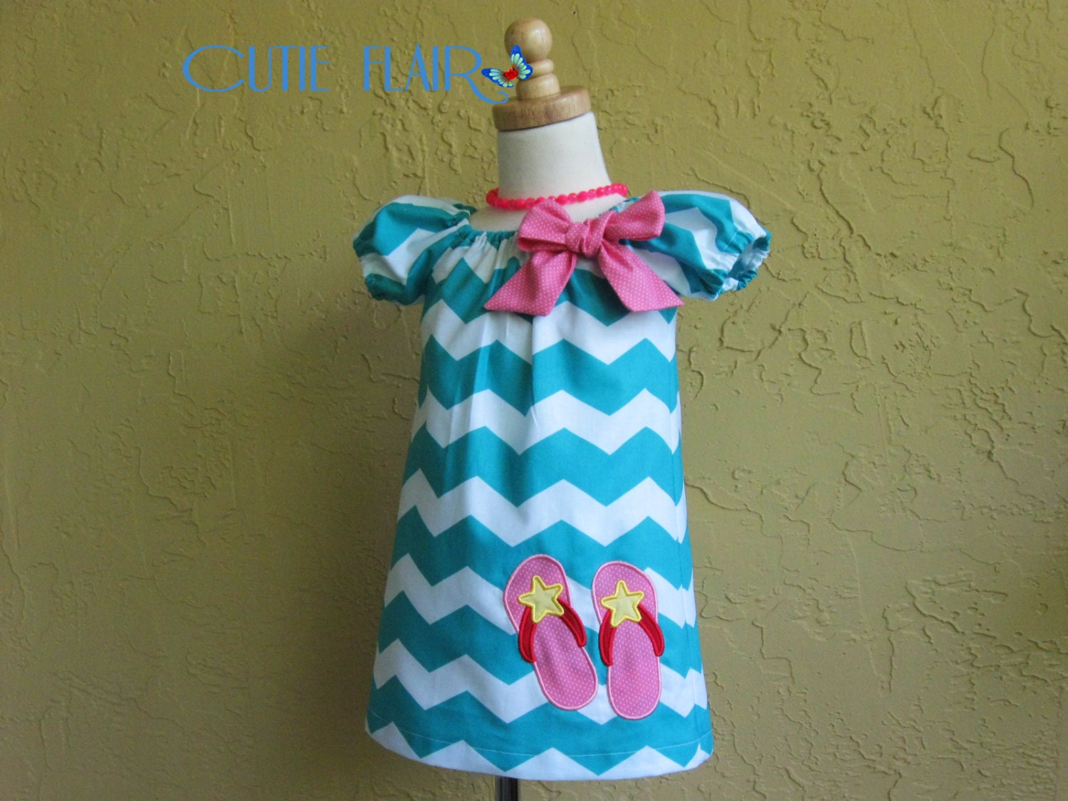 Summer Peasant Dress, teal chevron and pink, boutique style, tunic toddlers, sundress, custom sizes 12m, 18m, 2t, 3t, 4t