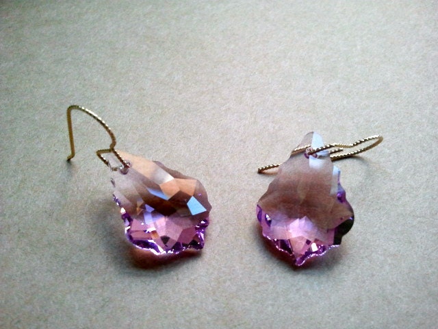 Light Amethyst  - Light Pinkish Violet - Baroque Teardrop Swarovski Crystal - Dangle Earrings in 14K Gold Filled Handmade French Earwires