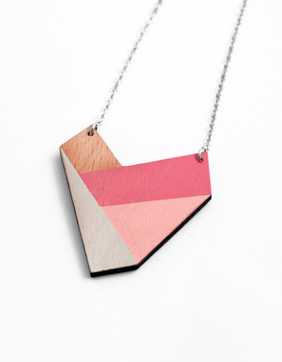 Geometric necklace, wooden pendant - nude, pale rose, pink, natural wood - minimalist, modern jewelry - color blocking