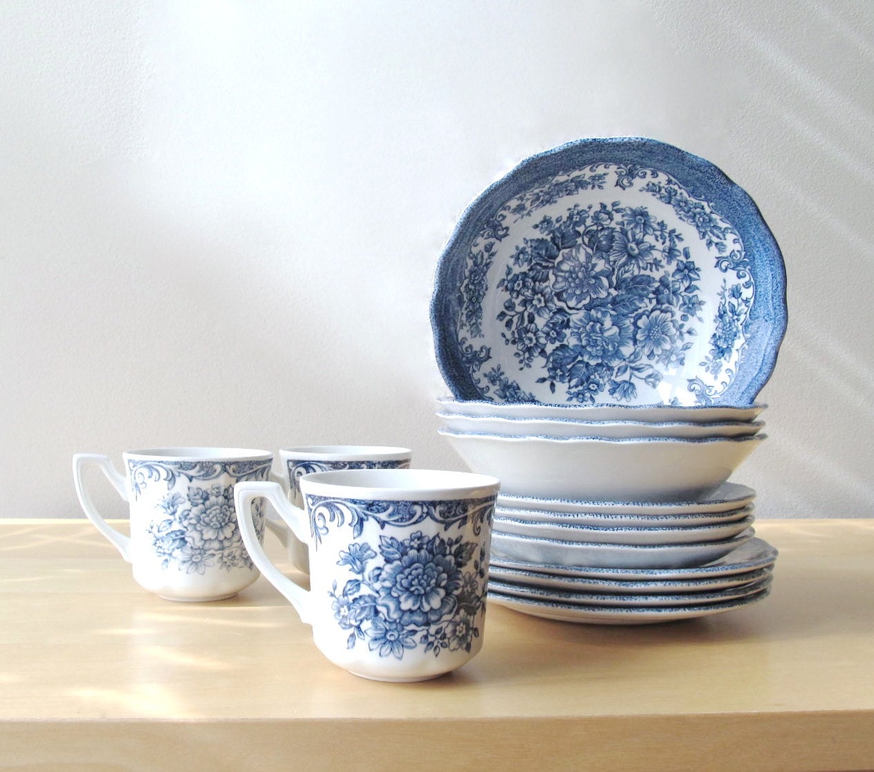 royal staffordshire avondale ironstone by Meakin, vintage blue transferware china, 15 piece english ironstone