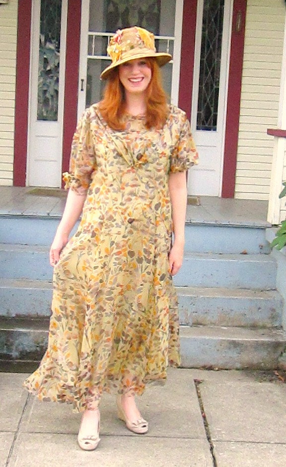 1930s Silk Chiffon Dress sheer floral with attached underslip