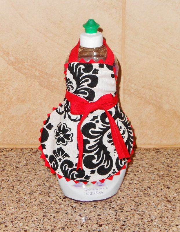 SOAP Bottle APRON, Damask Soap Apron, Black and White Apron Choose Your Color Trim