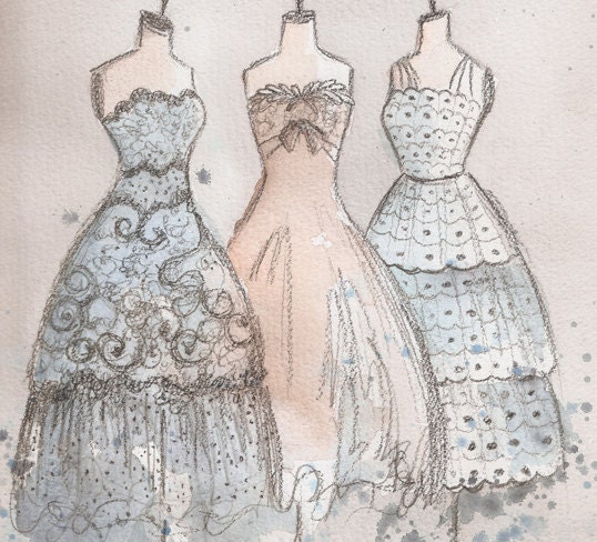 Original - Watercolor and Charcoal Painting - Vintage Scallops Lace and Bow Trio  -  8x10