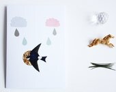 a6 paper handmade greeting card - unique, quirky, collage, animal, bird, rain cloud