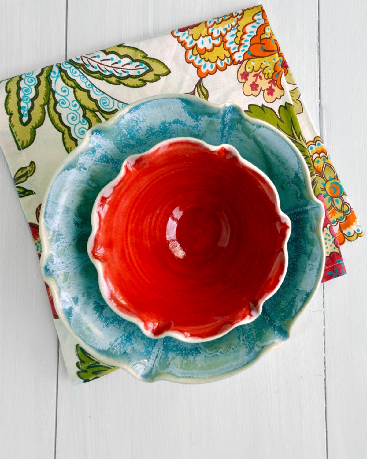 Nesting Bowls food prep or serving Ice Blue and Red  set of 2 Flower bowl minimalist Spring