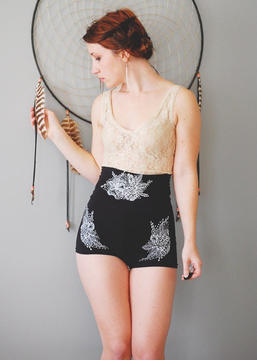 Sabina - Black Ultra High Waisted Jersey Shorts - By Bark Decor - Floral Boho Pinup Jersey Spandex Shorts
