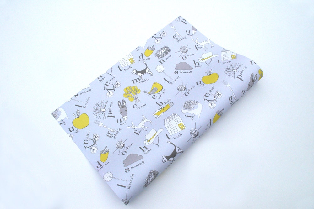 Irish Alphabet Wrapping Paper - Gaelige - Printed in Ireland - Yellow Grey White