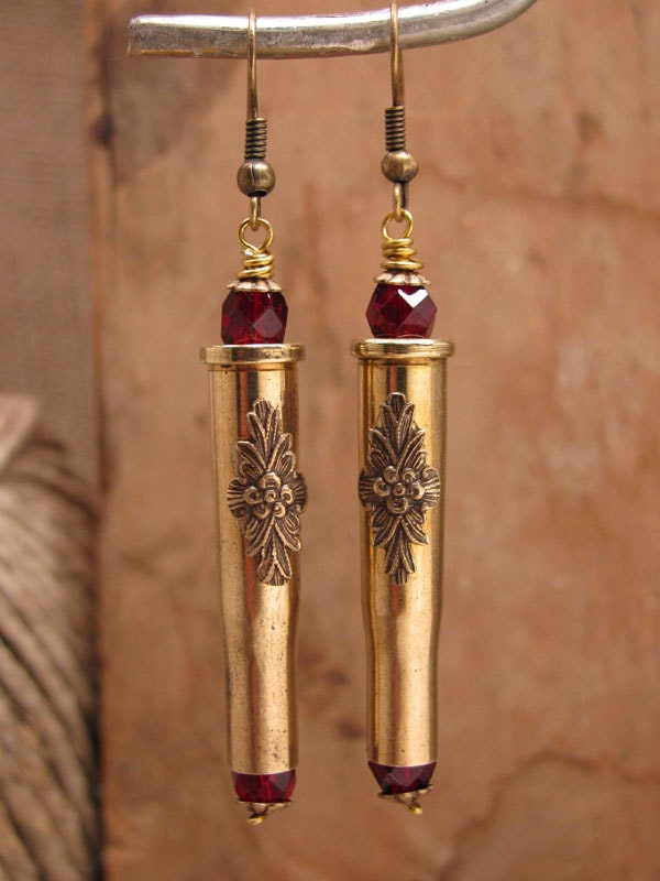 Bullet Jewelry - Straight Shooter 22 Hornet Brass Bullet Casing Earrings - Ruby Red Beadwork