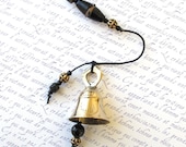Beaded Garden Chime: Windchime with Lampwork Glass Beads.  Black & Gold.  Brass Bell