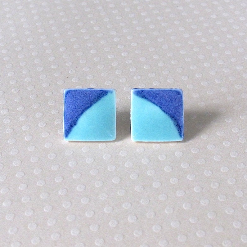 Small Porcelain Earrings. Aqua & Cobalt  Blue Squares. Tiffany Blue. Indigo. Post or Stud Earrings. Surgical Steel.