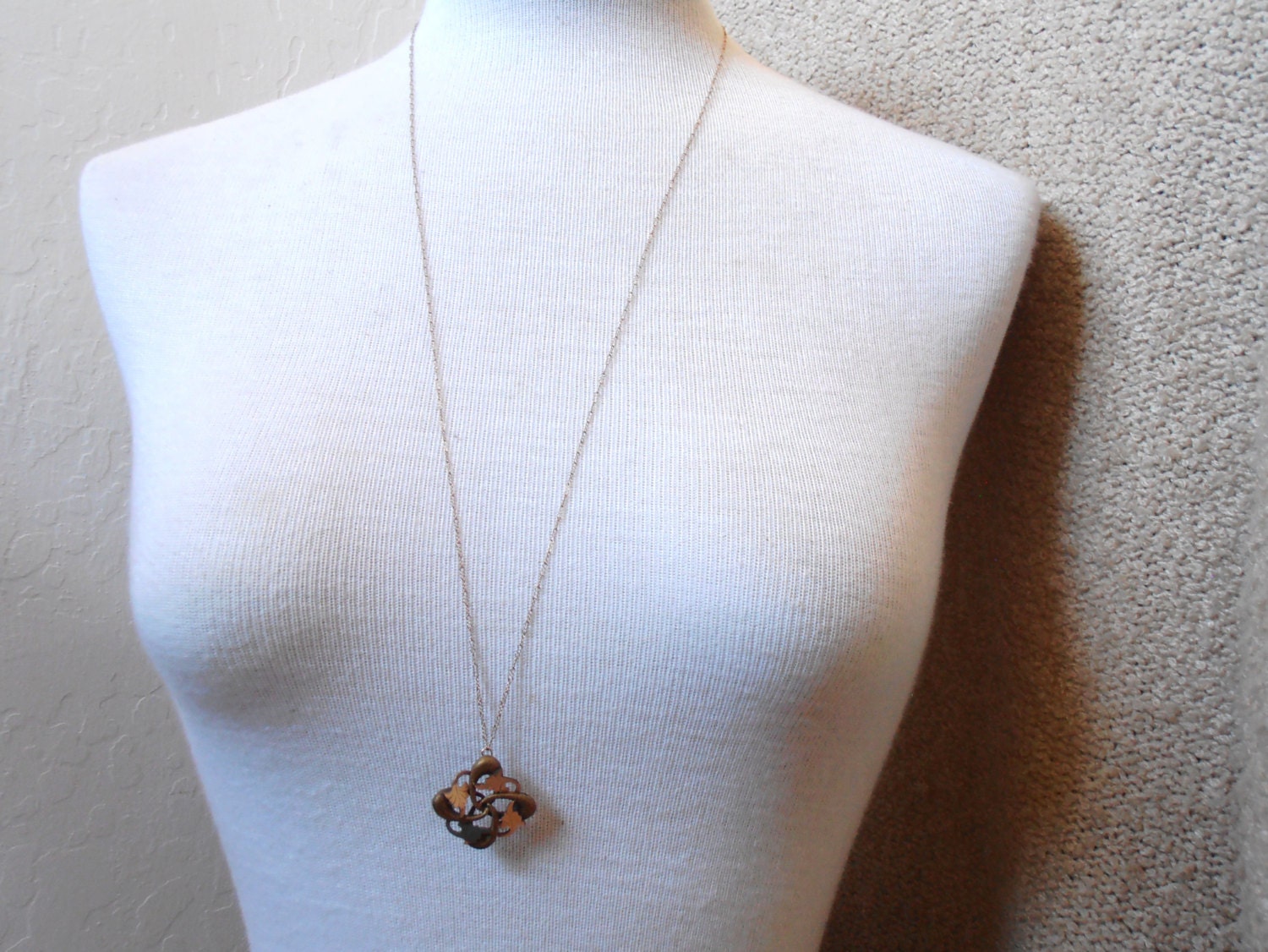 Vintage Victorian Eternal Knot Pendant with Leaves on a Long Chain