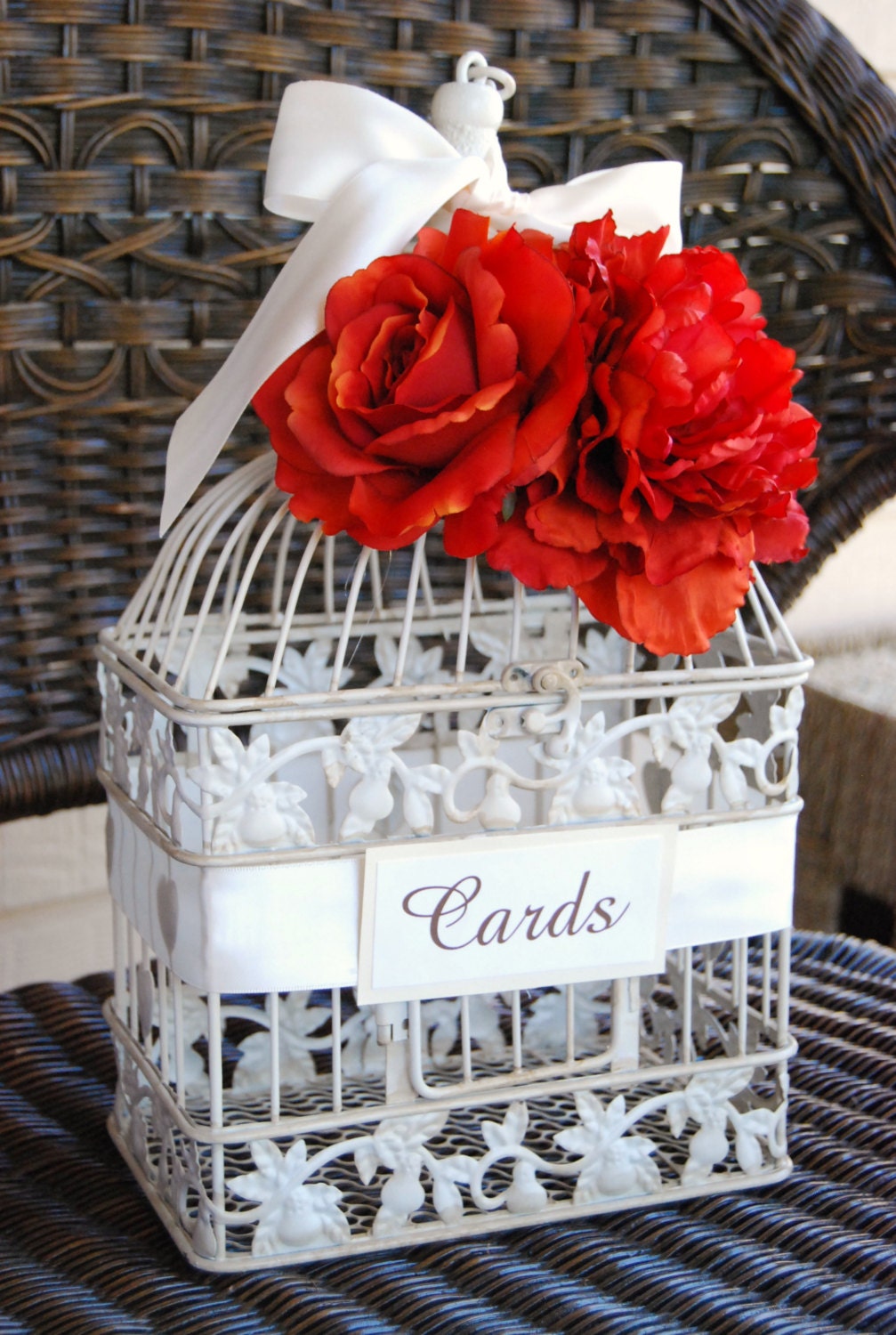 MEDIUM Ivory Shabby Chic Wedding Bird Cage Card Holder - Ivory and Dark Orange