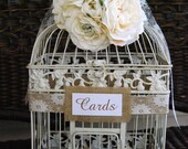 Large Wedding Bird Cage Card Holder - Burlap And Lace With Ivory Flowers