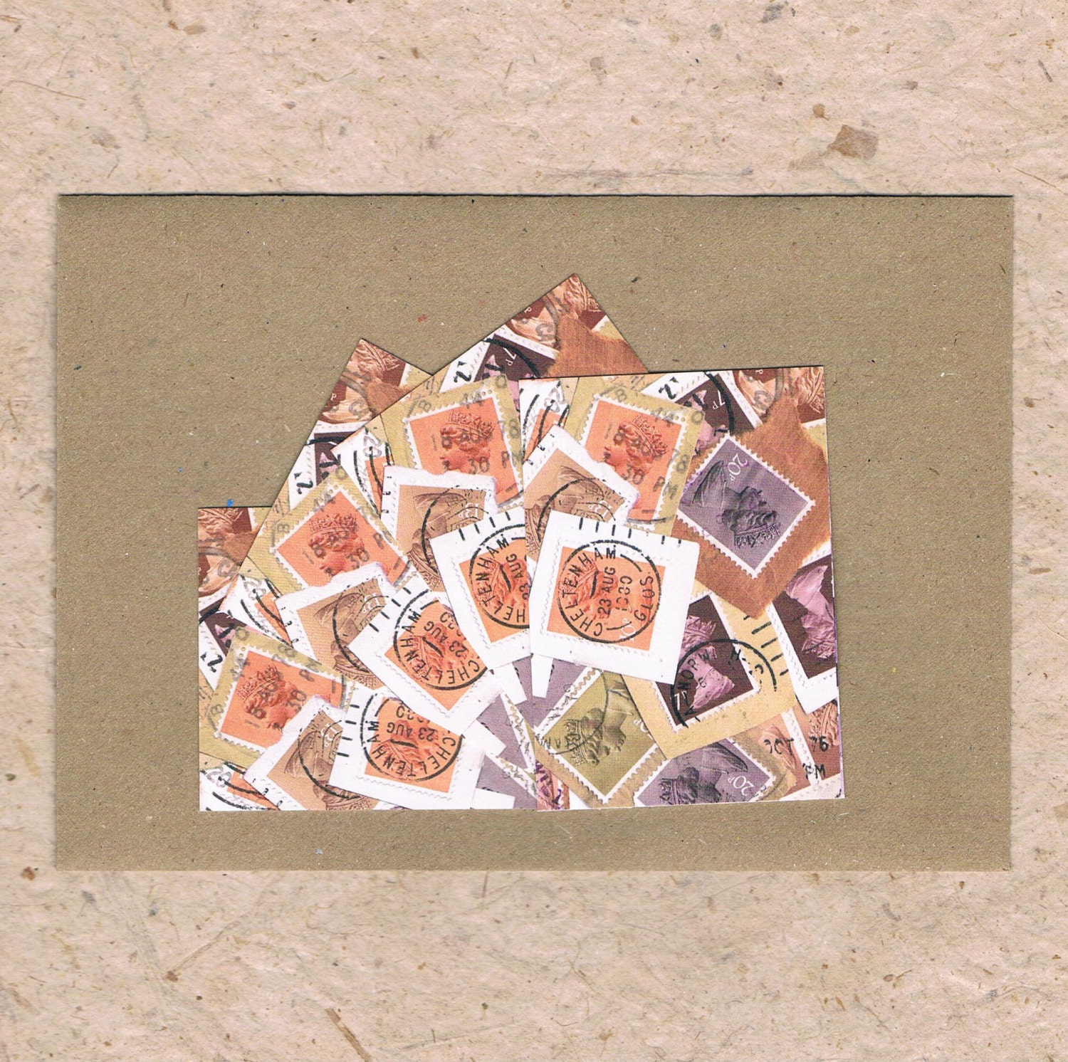 4 x MINI NOTECARDS - Postage Stamps in Retro Orange & Brown - Gift Tags, Place Cards