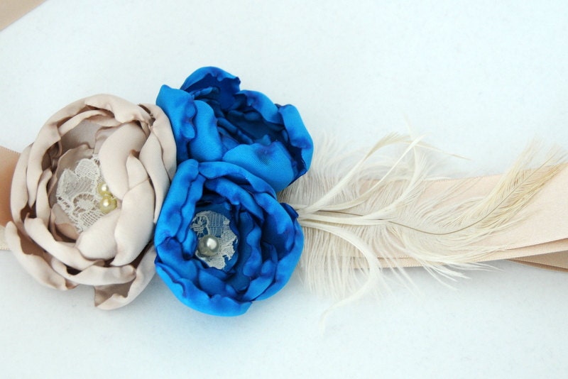 Jenny - Blue and Taupe Sash with Hand Made Fabric Flowers and Cream Feathers with Lace Detail