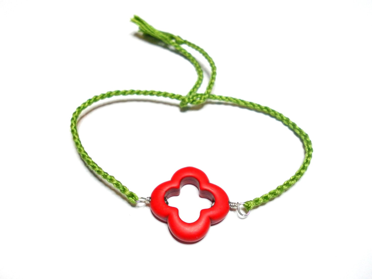 Free people inspired red lucky clover braided friendship bracelet - medium dark green floss silver plated wire dainty simple
