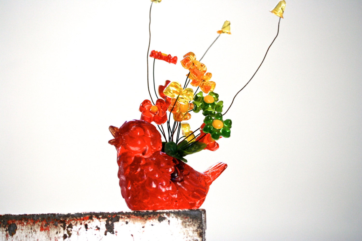 Spring has Sprung - Vintage Lucite Bird - Mod Decor - Retro - Bird - Garden - Lucite Flowers - Orange - Neon