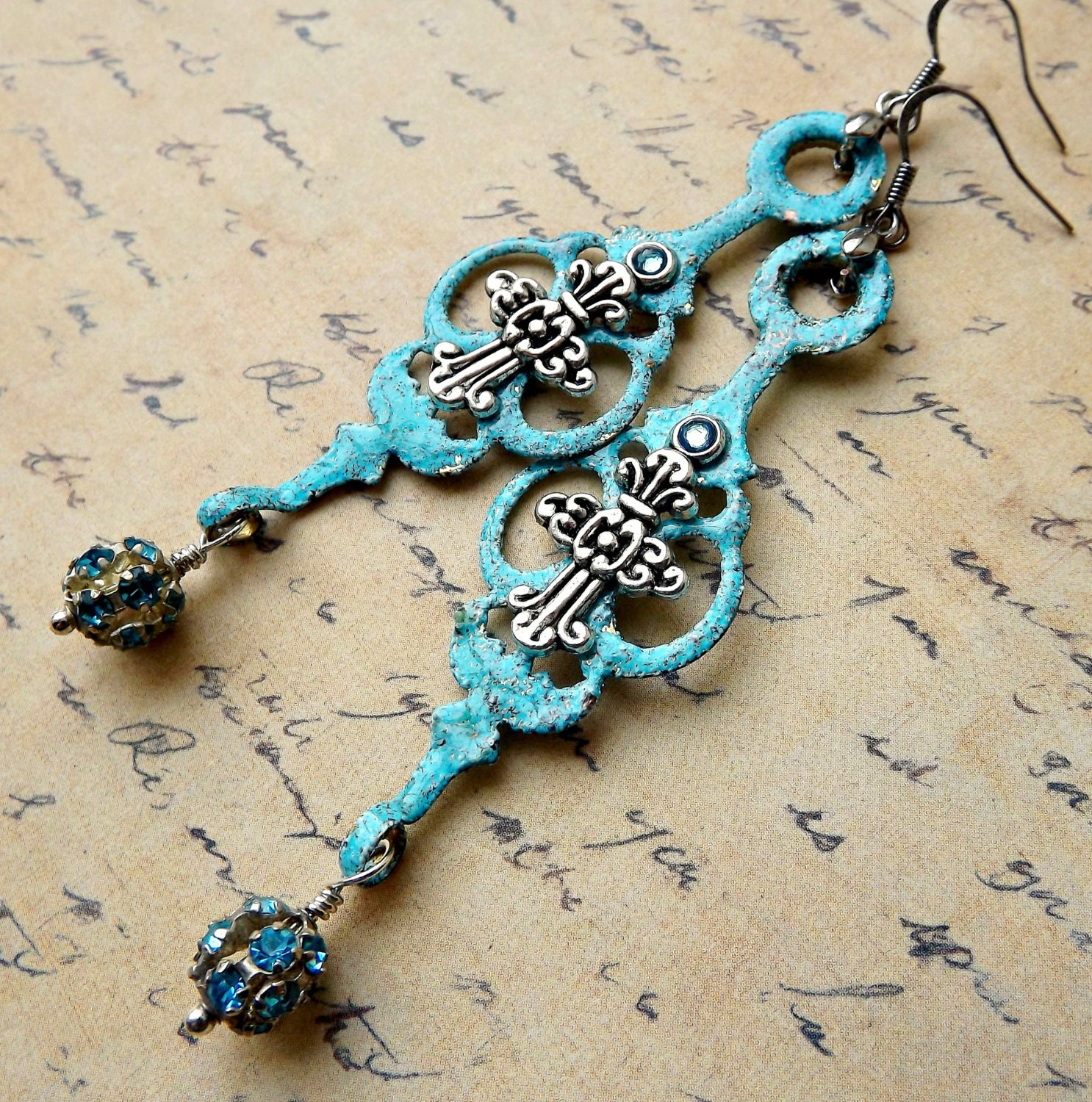 Long earrings, enameled clock hands, found object jewelry
