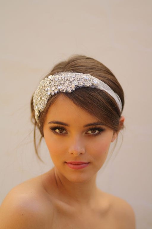 All Crystal Bridal Bandeau- All Silver with White Tulle (Example)
