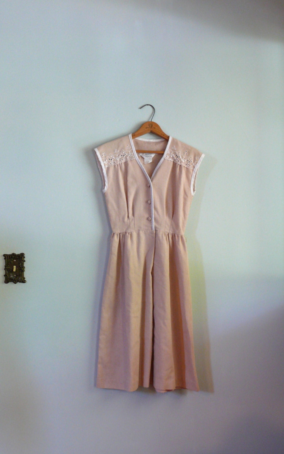 1970s Dress // Tan Dress with Eyelet Detail
