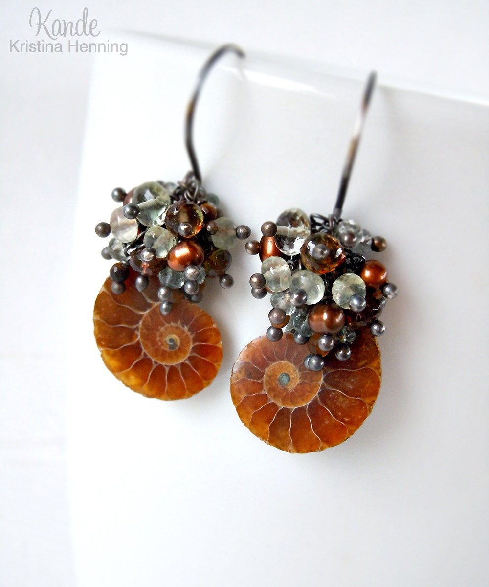 Ammonite Cluster Earrings Gemstone Green Brown Fossil Drop Oxidized Silver Shell Kande Kristina Henning - Thalassa Earrings