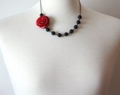 Large Red Rose Flower, Black Onyx Gemstone Beads Necklace. Bridesmaid Gift. Black and Red Wedding. Winter Wedding.