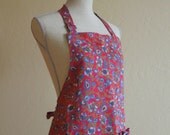 Linen Apron Red Floral Print Full with Ruffle Pocket detail