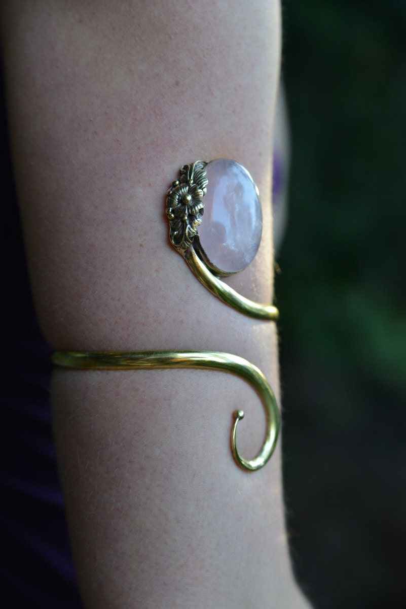 Fairy Elven Goddess Tribal Brass Rose Quartz Spiral Flower leaf  Upper Arm Cuff Bracelet Adornment OOAK