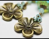 Handmade Beaded Jewelry Earrings Flowers Floral Aqua Turquoise Blue Glass Crystal Charm Antique Brass Hawaii...Big Island Flower