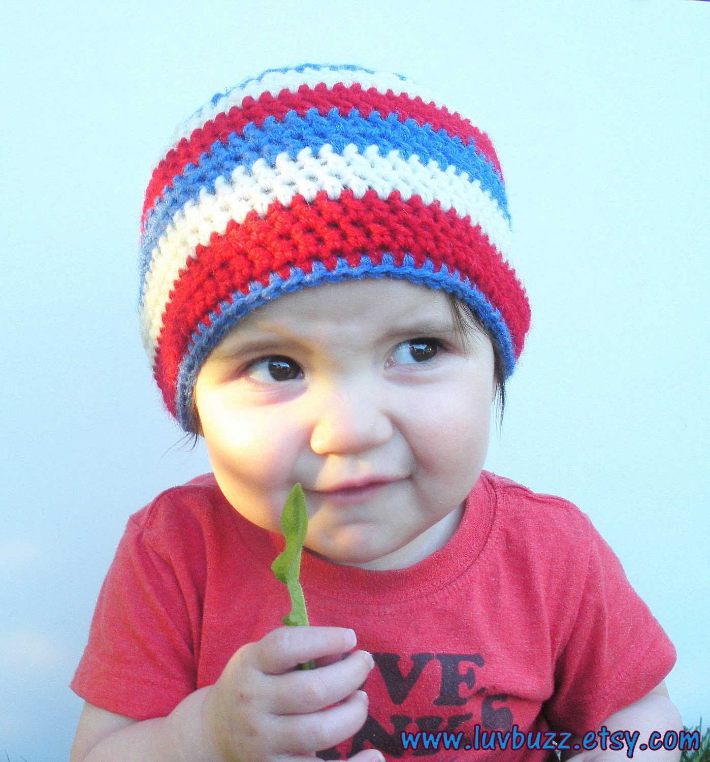 Patriotic Crochet Baby Beanie Hat in red, white and blue stripes, infants 12-18 months, ready to ship.