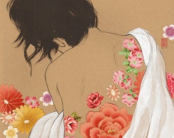 Rose - 8x10 archival fine art print - charcoal ink acrylic and fabric collage
