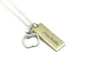 Teacher Necklace with Apple - Mrs. Smith - Hand Stamped