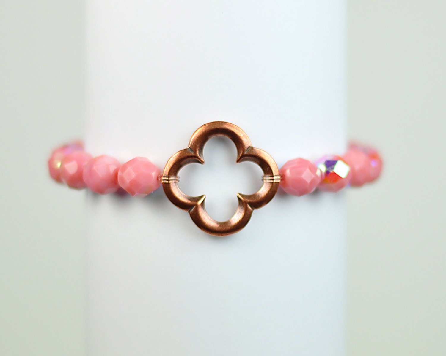 Quatre Foil Bracelet -  Pink Bead Stretchy Bracelet