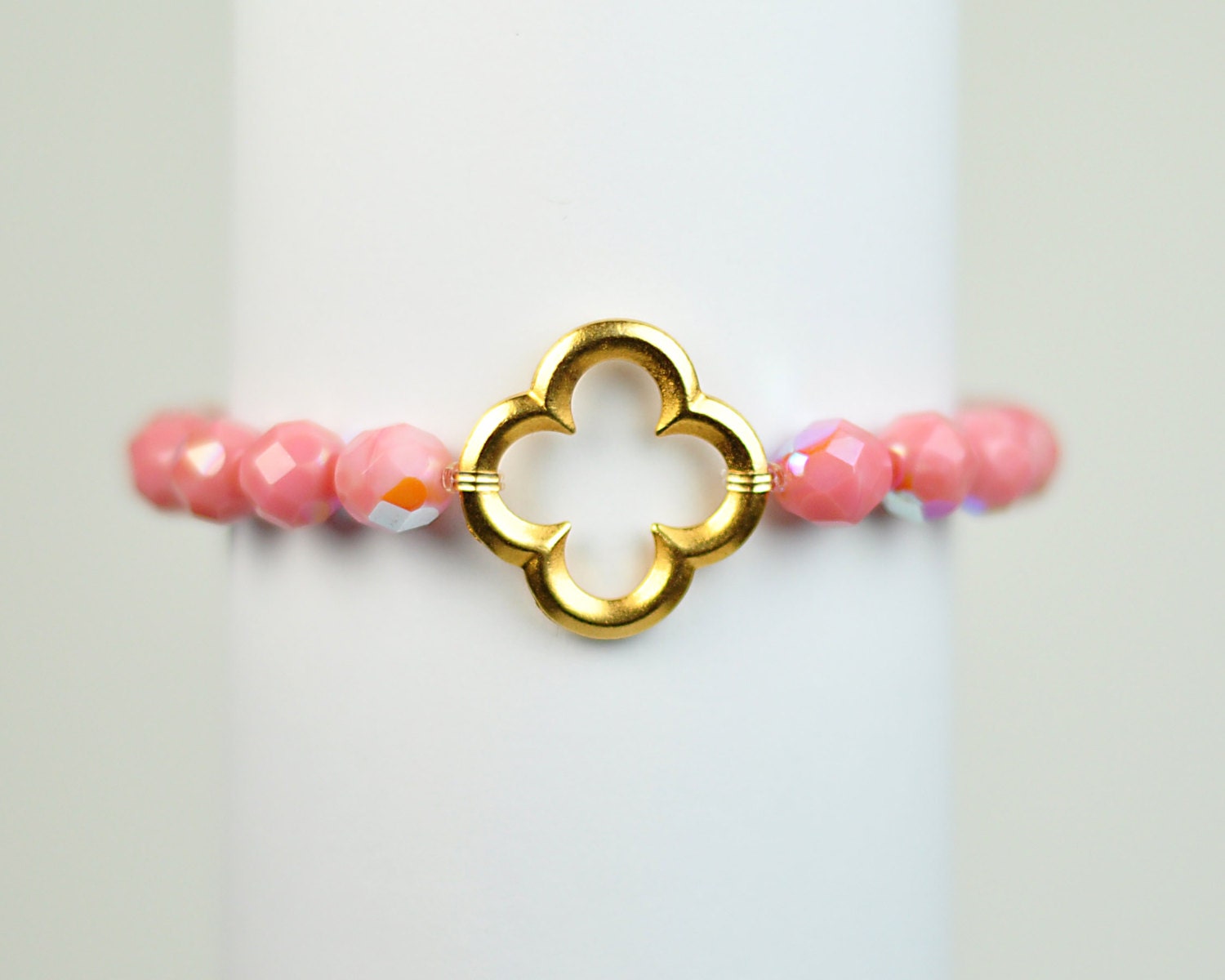 Quatre Foil Bracelet -  Pink Bead Stretchy Bracelet