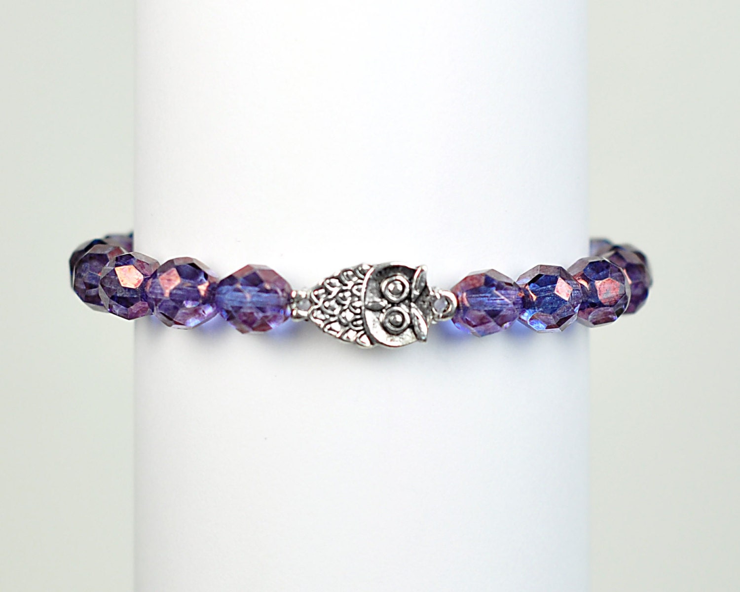 Owl Bracelet -  Purple Haze Bead Stretchy Bracelet