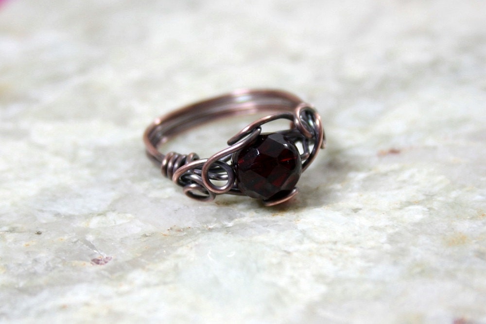Garnet Czech Glass, Wire Wrapped Ring, January Birthstone, Oxidized Copper, Handmade, Size 7.75