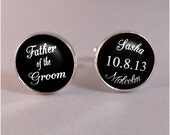 Father of the Groom Wedding Day Cufflinks in Silver or Antique Bronze Finish - Bride and Groom Names and Wedding Save the Date