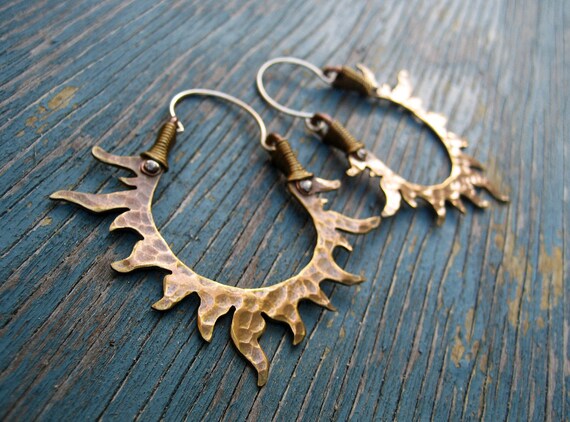 Solar Passion Hoop Earrings, Golden, Sun, Flames, Handmade Mixed Metal Jewelry