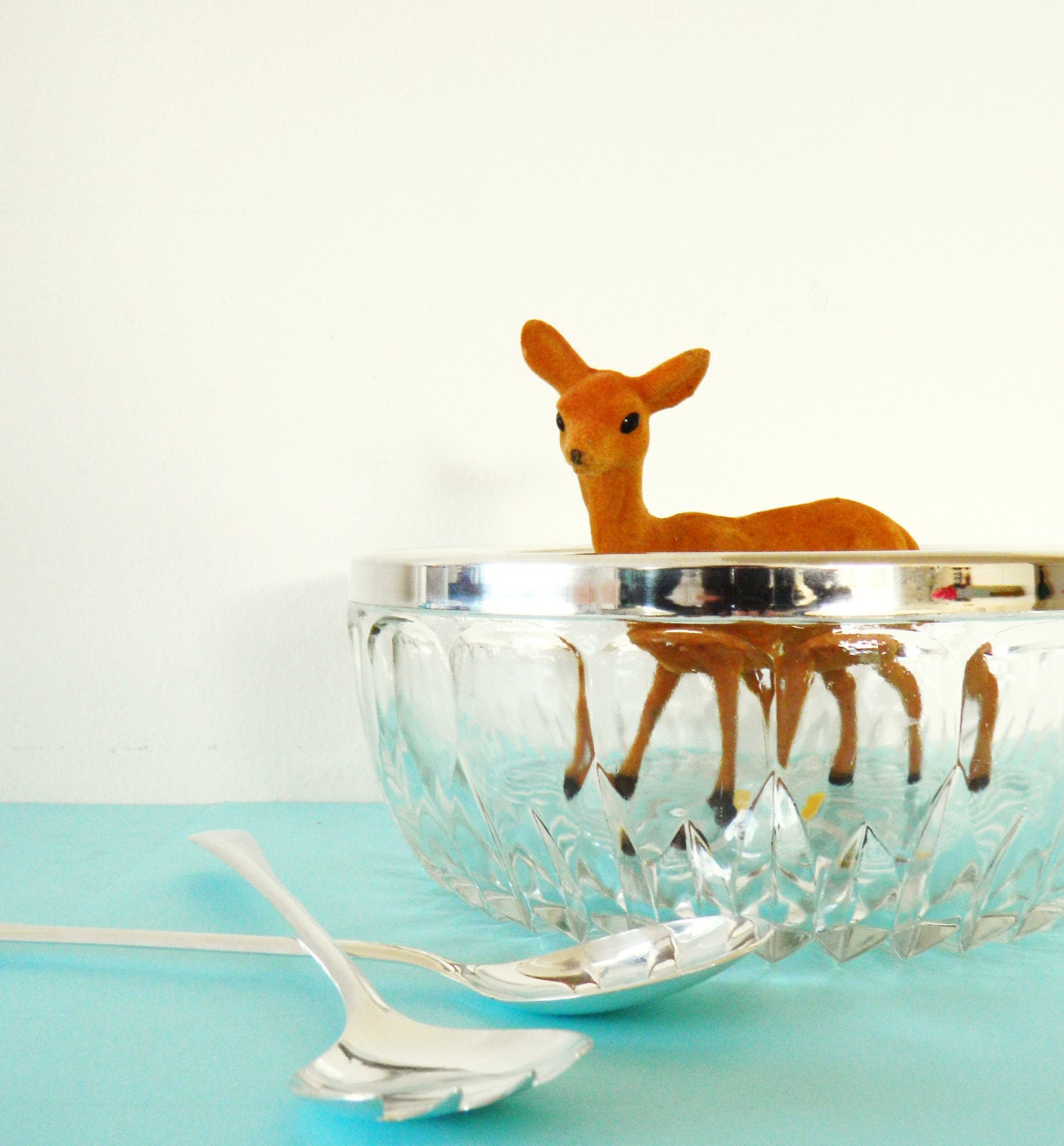 1950s Silver Rimmed Diamond Cut Crystal Bowl with Serving Utensils/Original Box/Mid Century Salad Bowl