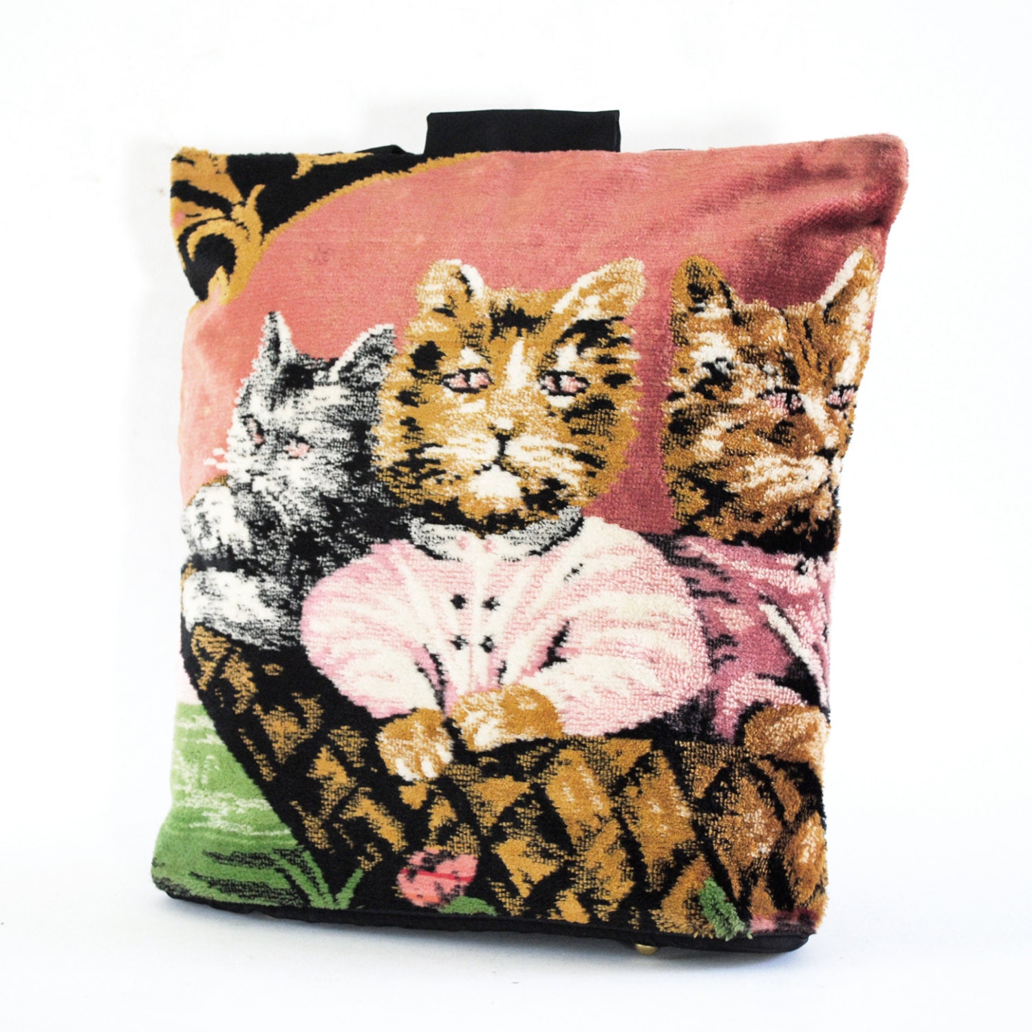 Kitty Cat Carpet Bag 80s Novelty Tapestry Tote Knitting Bag