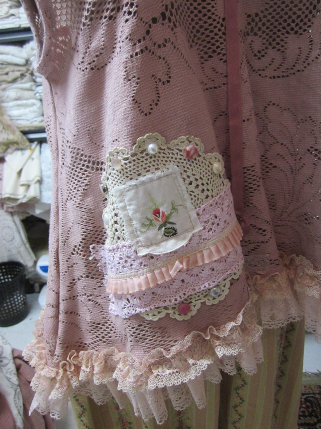 Vintage Kitty.. hand dyed mushroom rose cropped tunic. shabby chic. roses. lace, vintage embroidery.. ooak.. Med/XL