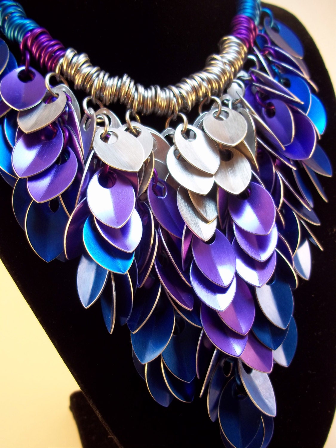 Silver, Blue and Purple Statement Necklace Chainmail Scalemaille "Water Elemental Leaves" Stunning Necklace