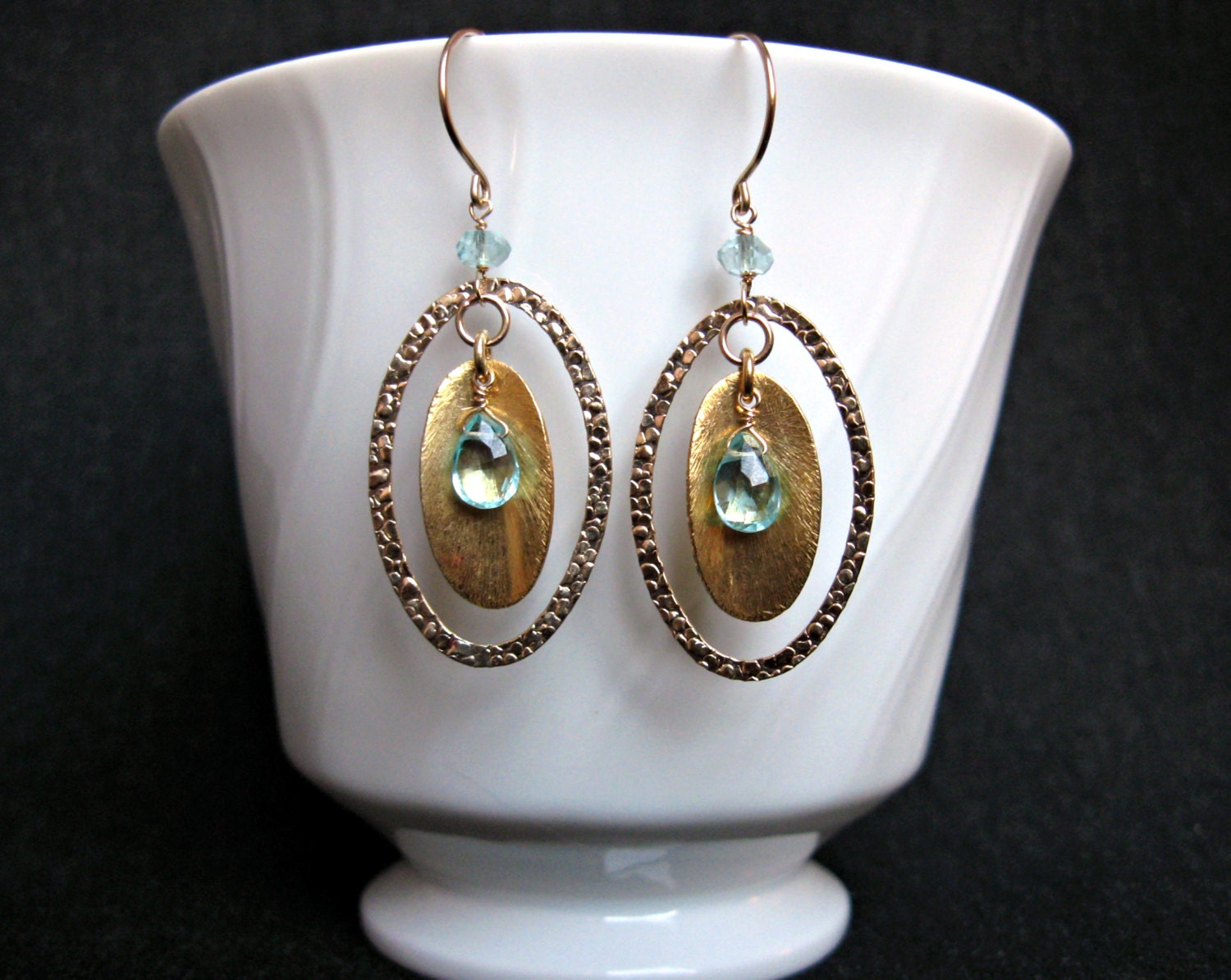 Apatite Aquamarine Earrings- Gold Filled, Textured Metal