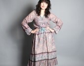 1970s INDIAN GAUZE DRESS / Floral Cotton with Rainbow Metallic Thread