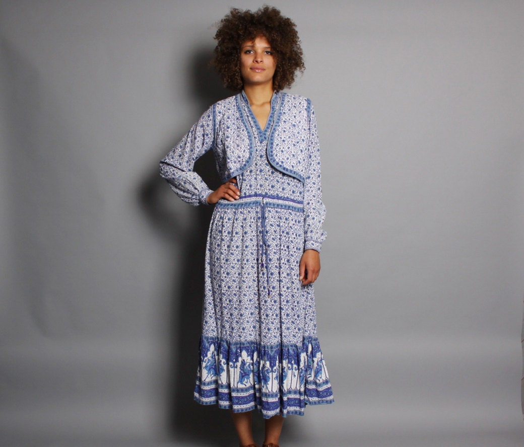 70s INDIAN COTTON DRESS / Novelty Print with Attached Vest