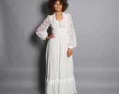 1970s GUNNE SAX DRESS / White Rosebud  Floral & Lace Corset Maxi, s-m