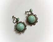 Vintage Earrings  Aqua Lucite Confetti Dangle with Metal Filigree Screwbacks